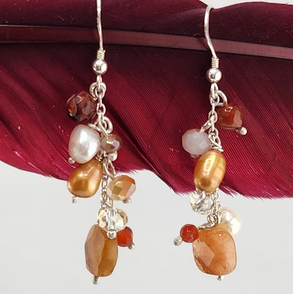 CARNELIAN, PEARLS, & CRYSTALS HANDMADE CASCADE EARRINGS .925 STERLING SILVER - Picture 3 of 6